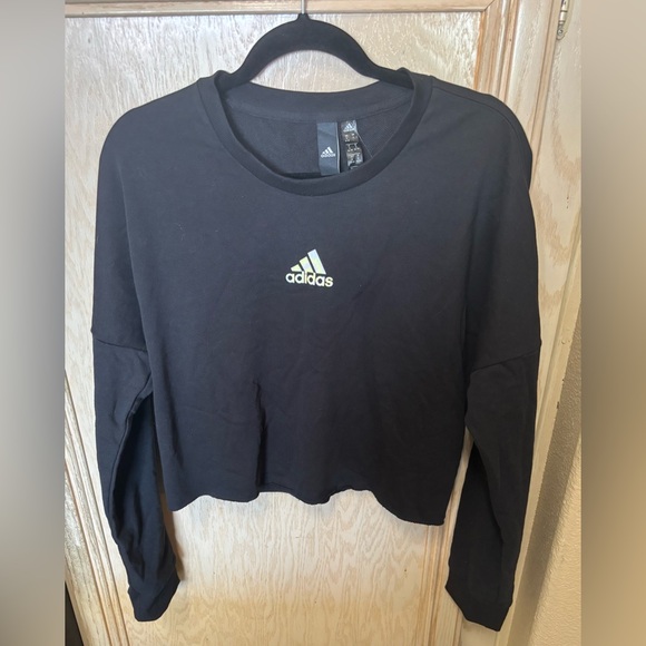 Adidas Black & Tie Dye Logo Crew Cropped Sweatshirt Gym Workout - Picture 1 of 14